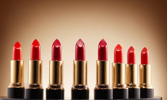 Lipsticks on brown background, close-up. Red lipstick.