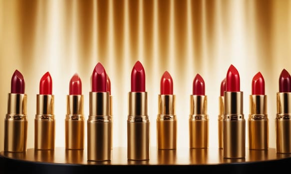 Close-up of red lipsticks displayed on a round podium with blurred background.