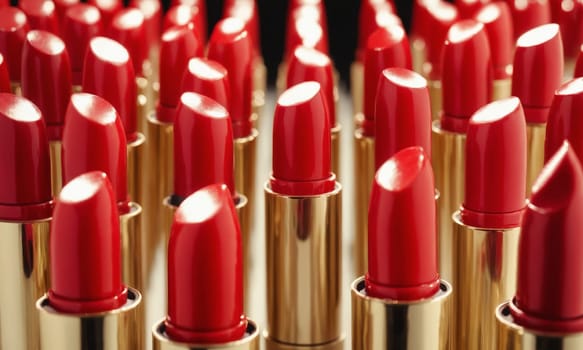 Lipsticks on black background, closeup view. Cosmetic products.