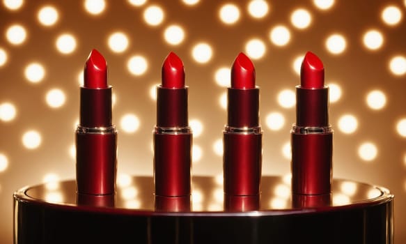 Close-up of red lipsticks displayed on a round podium with blurred background.