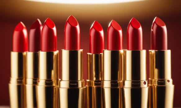 Lipsticks on brown background, close-up. Red lipstick.