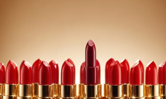 Lipsticks on brown background, close-up. Red lipstick.