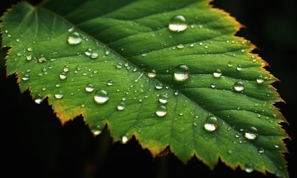 Water drops on the dark surface of a green leaf.