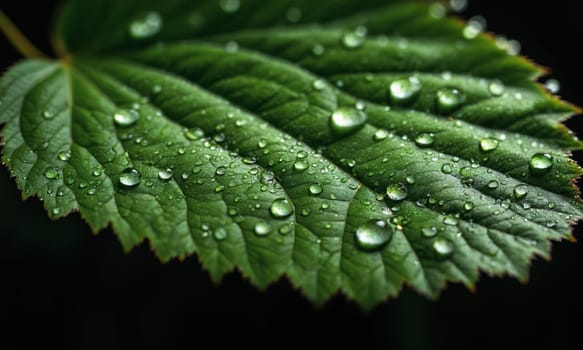 Green leaf with water drops close up. Nature background with copy space