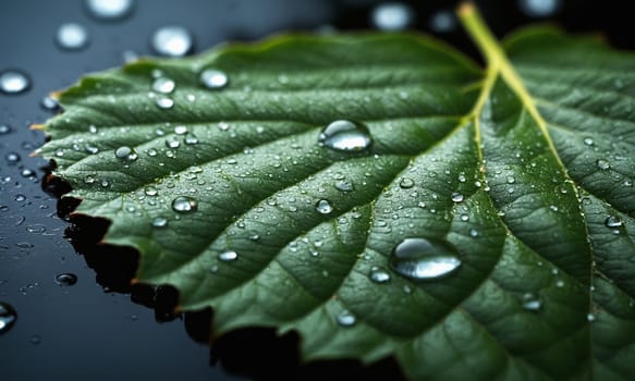 Water drops on the dark surface of a green leaf.