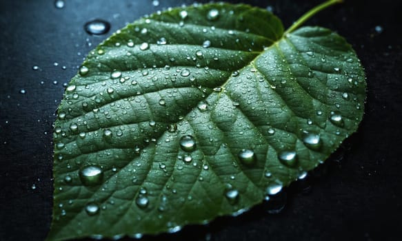 Green leaf with water drops close up. Nature background with copy space