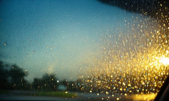 rain, drops on the windshield.
