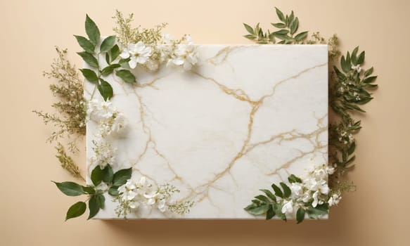 Top view of beige background with white marble podium mockup, beauty and fashion concept with leaves and flowers.