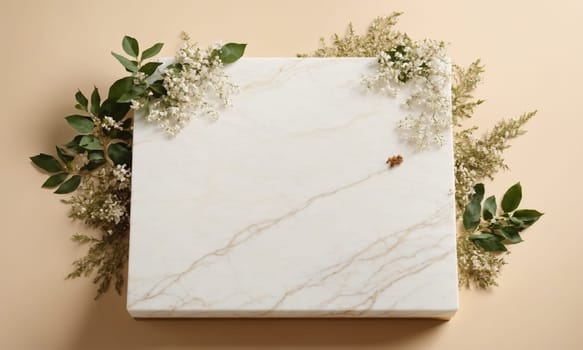 White marble with flowers and leaves on beige background, top view.