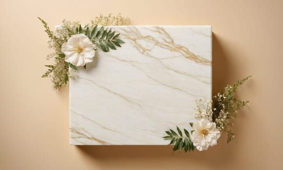 White marble with flowers and leaves on beige background, top view.