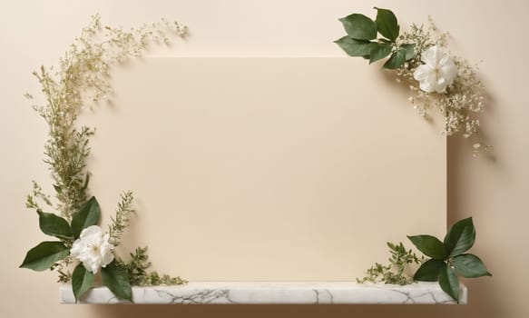 Top view of beige background with white marble podium mockup, beauty and fashion concept with leaves and flowers.