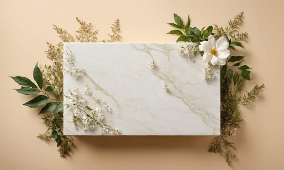 White marble with flowers and leaves on beige background, top view.