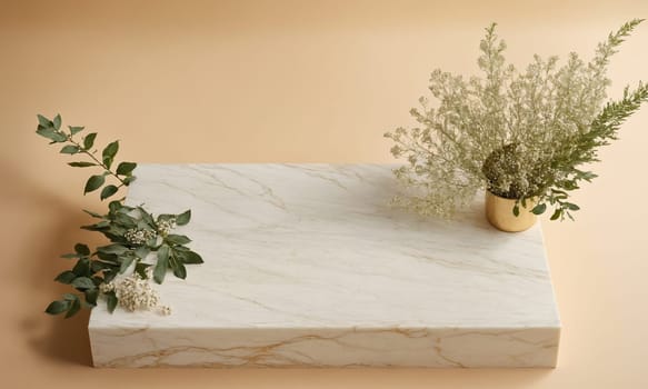 Top view of beige background with white marble podium mockup, beauty and fashion concept with leaves and flowers.