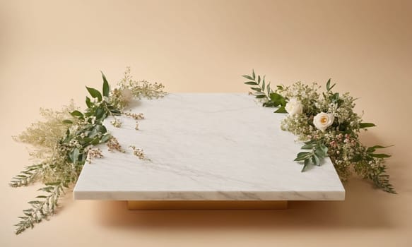 Top view of beige background with white marble podium mockup, beauty and fashion concept with leaves and flowers.