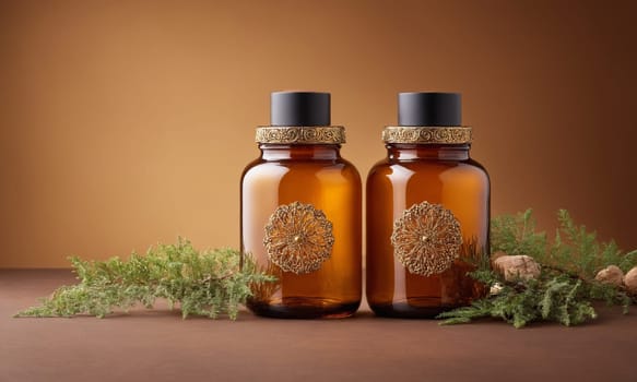 Spa still life with essential oil in glass bottles on brown background.