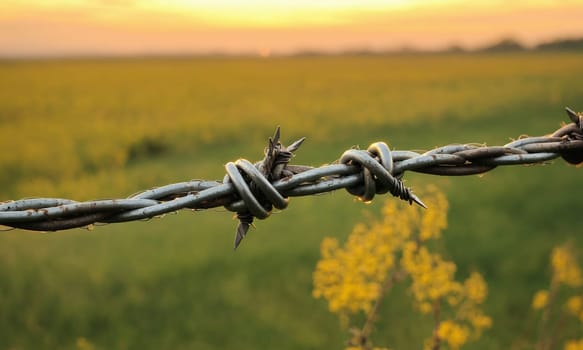 Barbed wire on a green field at sunset, close-up.