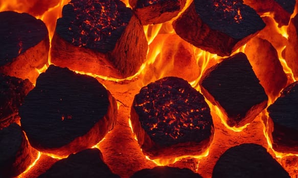 Burning coals in a fireplace, close-up. Background.