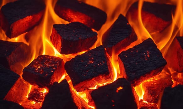 Burning coals in a fireplace, close-up. Background.