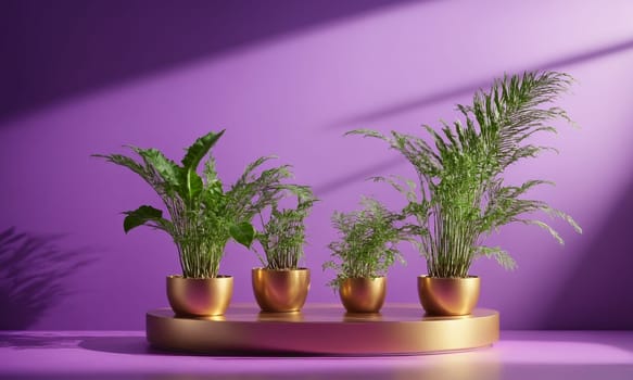 3D rendering of a podium with potted plants on a purple background.