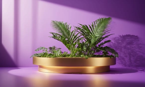 Unoccupied podium for product display with plants and shadows on purple background.