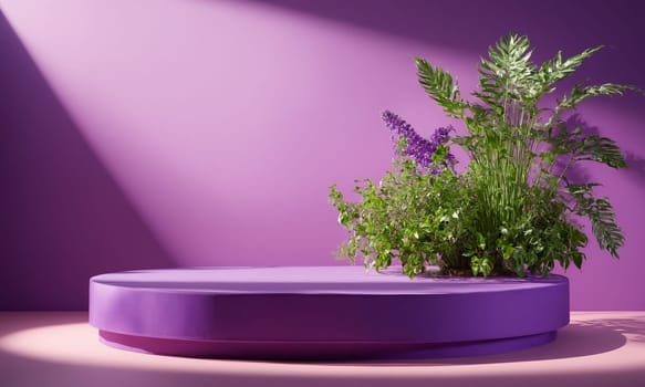 Unoccupied podium for product display with plants and shadows on purple background.