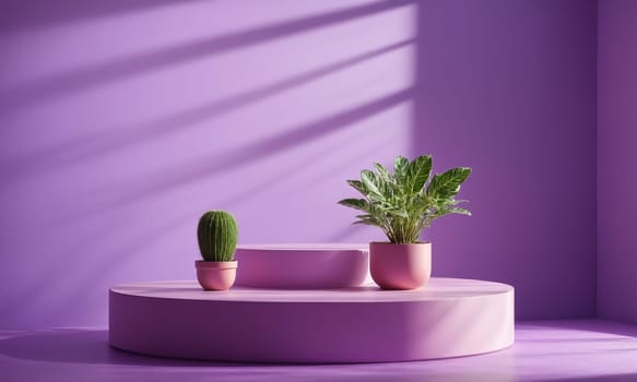 3D rendering of a podium with potted plants on a purple background.