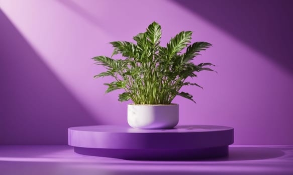 Unoccupied podium for product display with plants and shadows on purple background.