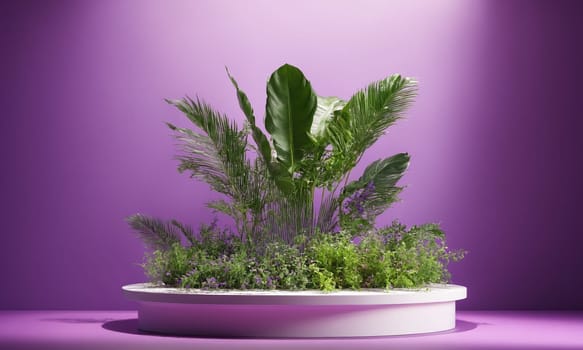 Unoccupied podium for product display with plants and shadows on purple background.