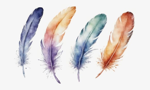 watercolor drawing. Multi-colored feathers on a white background.