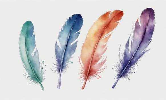 Watercolor feathers set. Hand drawn illustration isolated on white background