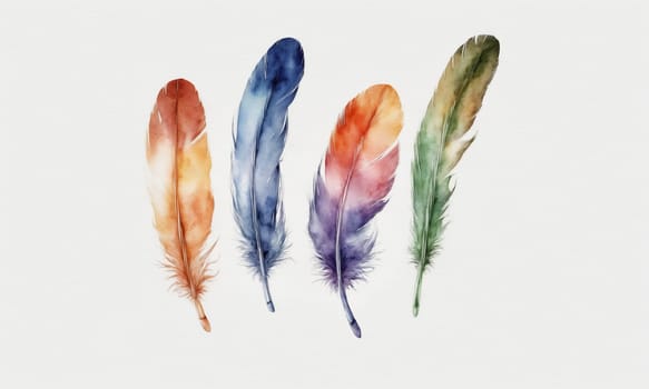 Watercolor feathers isolated on white background. Hand-drawn illustration