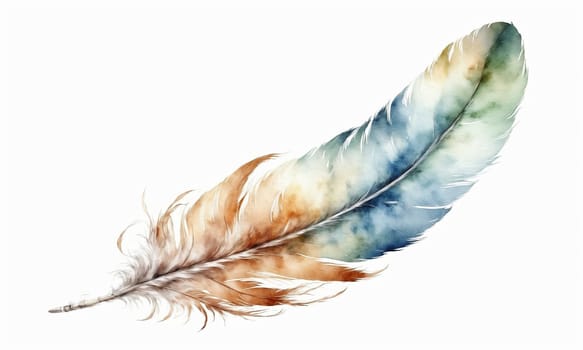 Watercolor feather isolated on white background. Hand-drawn illustration