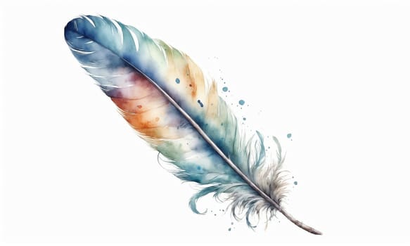 Watercolor feather isolated on white background. Hand-drawn illustration