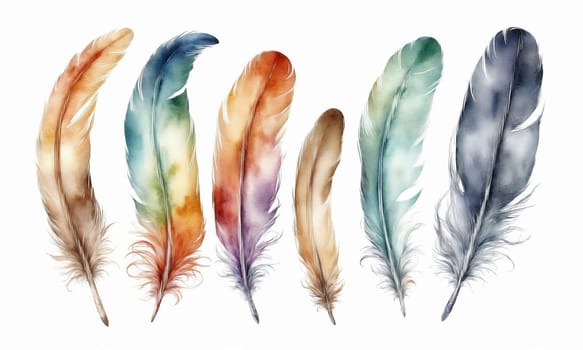 watercolor drawing. Multi-colored feathers on a white background.