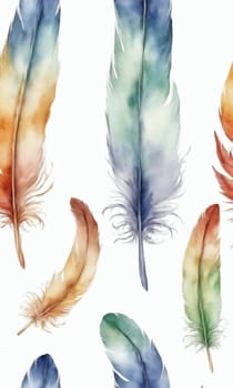 Watercolor feather isolated on white background. Hand-drawn illustration