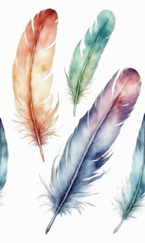 Watercolor feathers isolated on white background. Hand-drawn illustration