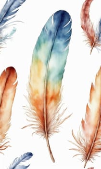 watercolor drawing. Multi-colored feathers on a white background.