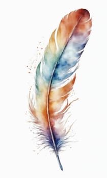 Watercolor feather isolated on white background. Hand-drawn illustration