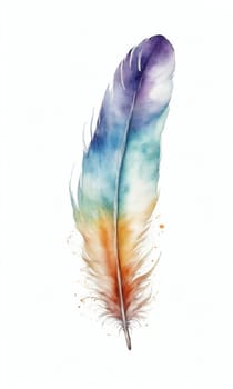 Watercolor feather isolated on white background. Hand-drawn illustration