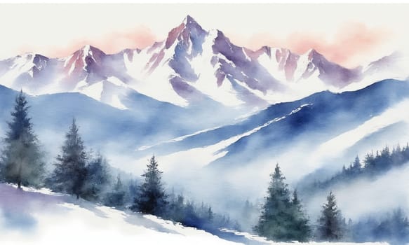 Mountain landscape with snow and fog. Digital watercolor painting