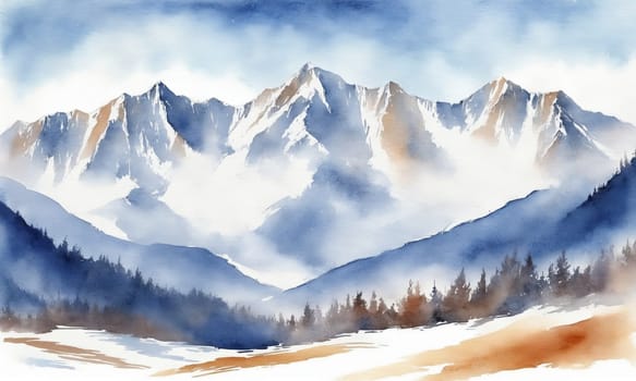 Mountain landscape with snow and fog. Digital watercolor painting