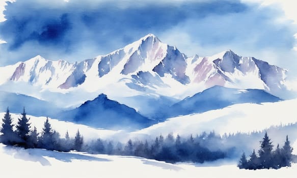 Mountain landscape with snow and fog. Digital watercolor painting