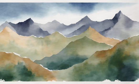 Watercolor mountain landscape. Hand drawn illustration with mountains and blue sky