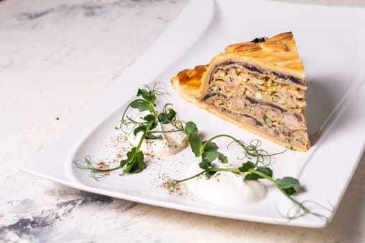 A delicious slice of savory meat pie with golden crust, layers of meat, veggies on a plate with sour cream and herbs.