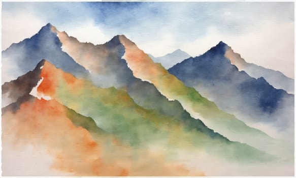 Watercolor mountain landscape. Hand drawn illustration with mountains and blue sky