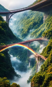 Rainbow Bridge. Arching across a misty gorge, a rainbow bridge connects two worlds. Its colors shift with the light, and travelers-human or magical, cross between realms. The bridge's ephemeral beauty.