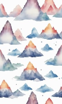 Watercolor mountains and clouds pattern. Hand drawn illustration