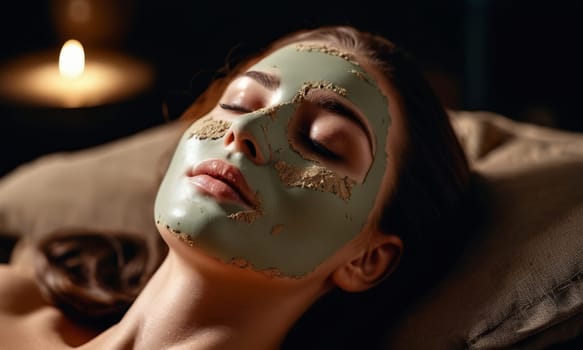 close up portrait of a woman with a cosmetic mask on her face lying with her eyes closed.