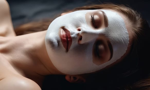 Beautiful young woman with facial mask on her face lying on the bed.