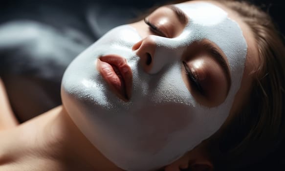 close up portrait of a woman with a cosmetic mask on her face lying with her eyes closed.